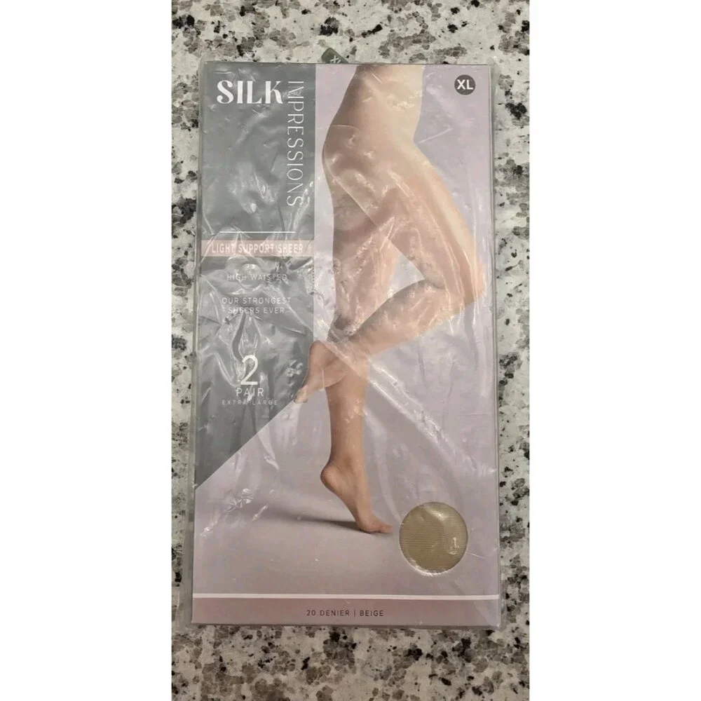 Silk Impressions 2 Pair XL Sheer Pantyhose 20 Denier‎ Beige Light Support